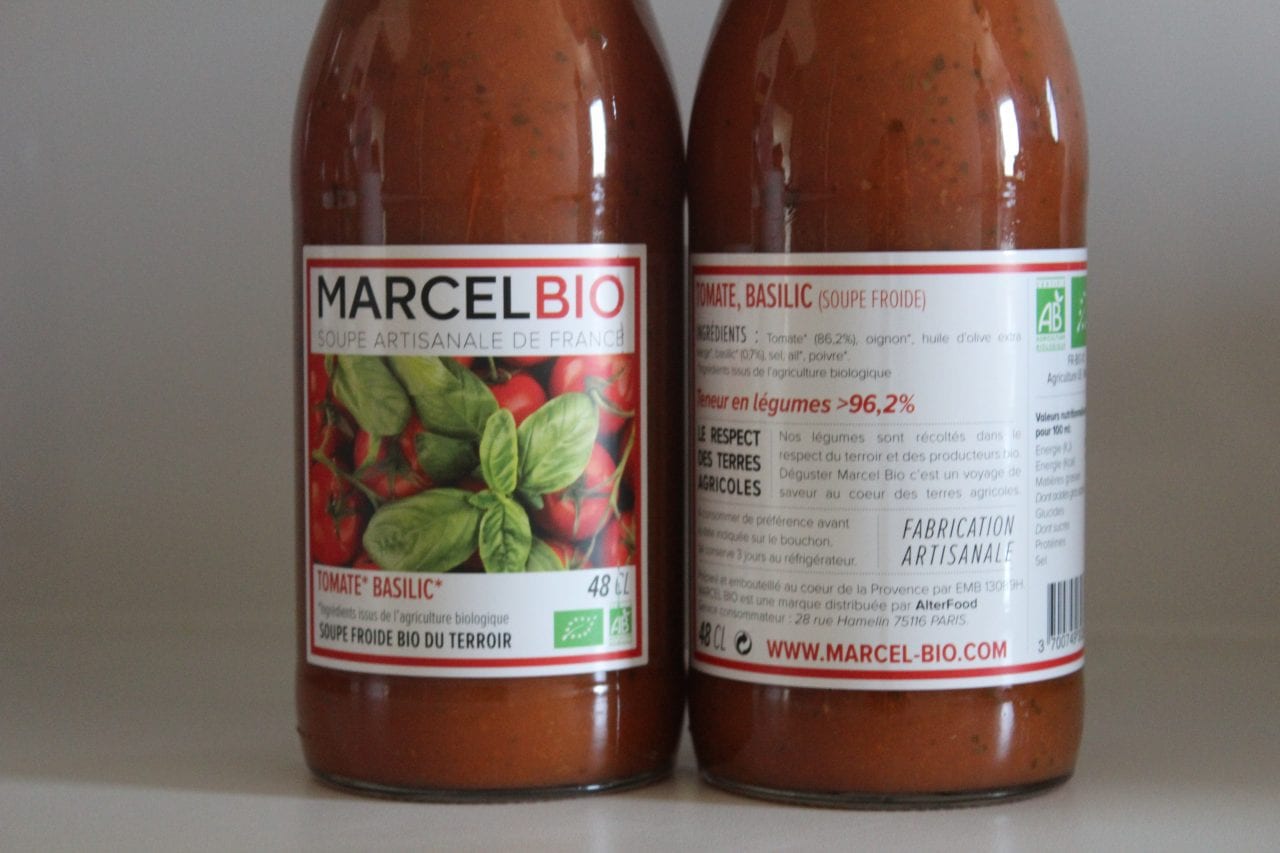 La marque indique que les soupes Marcel Bio ont la particularité de contenir entre 50 et 90% de fruits et légumes.